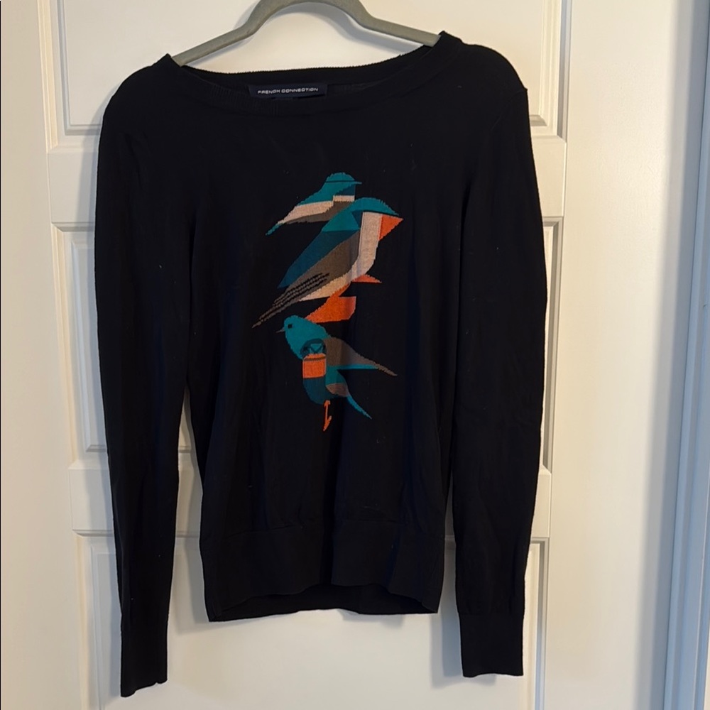 French Connection black sweater with vibrant bird pattern